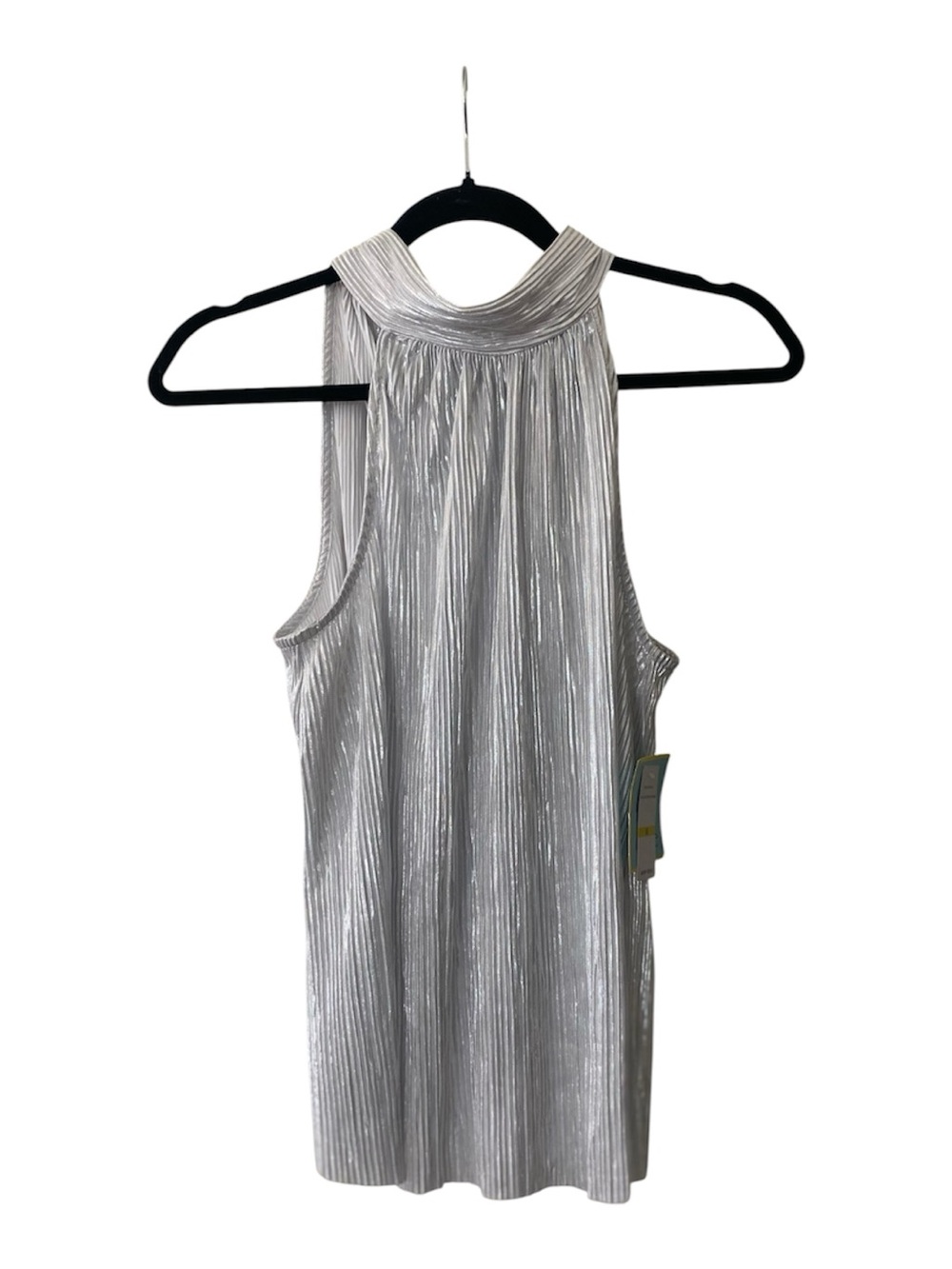 CeCE Silver Shiny Metallic Pleated Halter Tie Neck Blouse Top